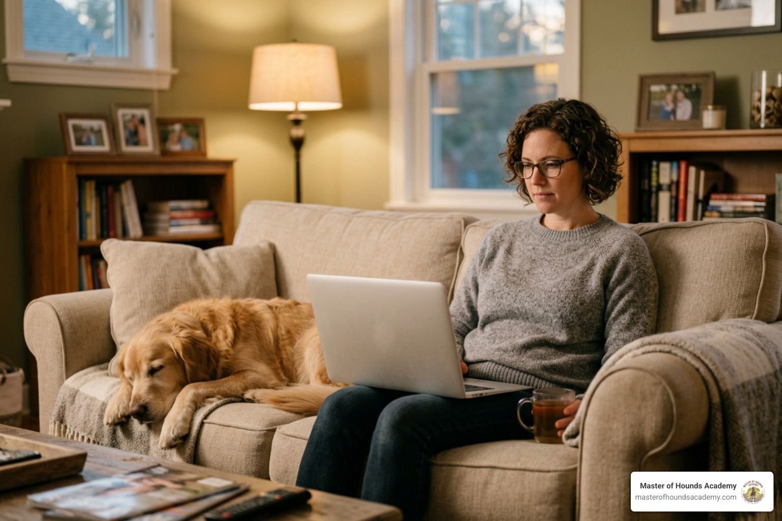 a-comprehensive-guide-to-cheap-dog-training-that-works-image Dog owner watching an educational behavior seminar on a laptop